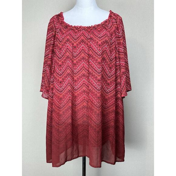 Catherines 2X 22/24W Red Chevron Ombré Print Tunic Boho Flowy 3/4 Sleeves - Picture 1 of 11